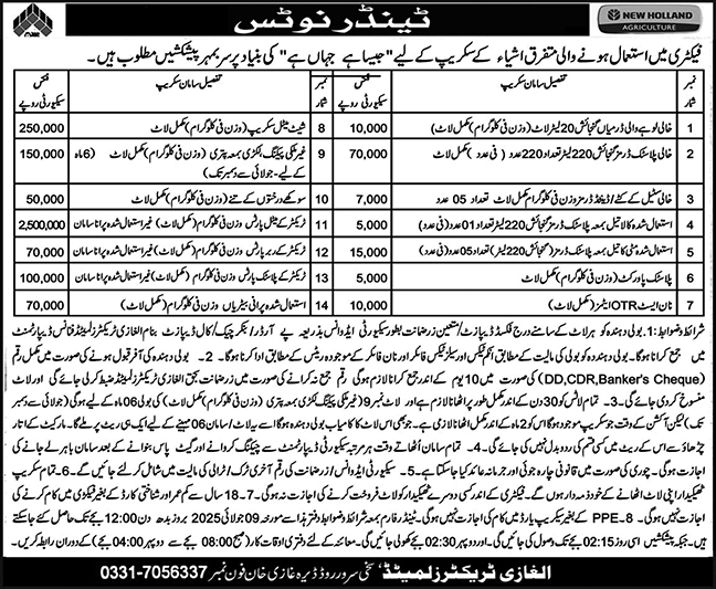 New Holland Agriculture Factory Dera Ghazi Khan Tender Notice